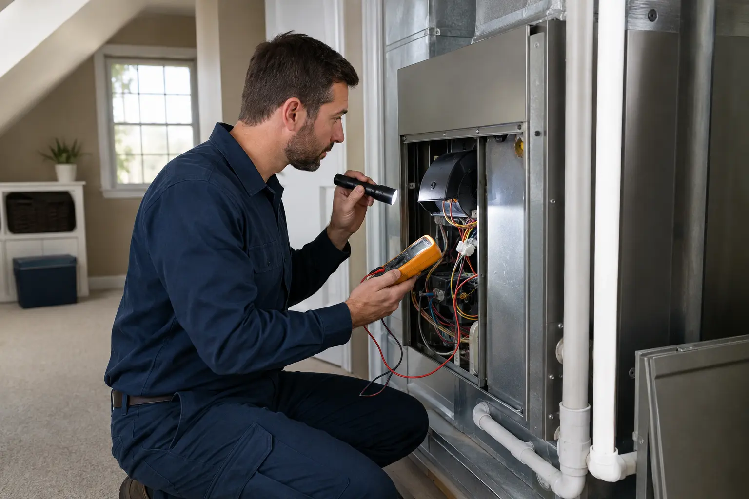 HVAC technician performing preventive maintenance